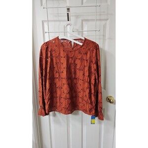 Cupshe Bronze Happy Weekend Embroidered Floral Eyelet Long Sleeve Blouse Size L